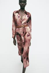 PRINTED SATIN MIDI DRESS WITH BELT