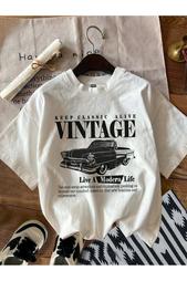 Beyaz Vintage Baskılı T-shirt